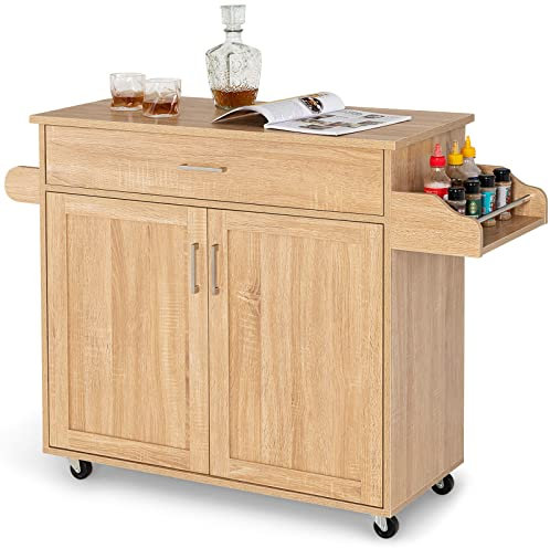 COSTWAY Carrello da Cucina con Ruote di Gomma, Scaffale per Microonde Carrello Servizio, Mobile Cucina con Ripiani e Ante, Credenza Cucina Legno Moderno Elegante, 116 x 37 x 85 cm (Naturale)