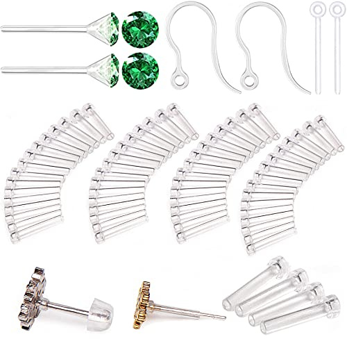 108pcs Silicone Earring Allergy Sleeve for Sensitive Ears with 4 Sizes Anti-Allergy Sleeves and Zircon and Posts and Hooks and Earring Backs (Green)