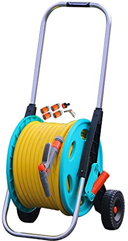Gartenschlauchrolle mit Schlauch, tragbarer Gartenschlauch-Aufbewahrungswagen mit Rollen, Outdoor-Autowäsche, Reinigung von Handdrücken, Schlauchhalter (Farbe: Blau + Gelb, Größe: +DN15 50 m Rohr)