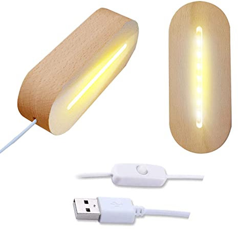 CDIYTOOL Base de visualización de luces LED, paquete de 2 soportes ovalados de madera con luz LED USB, base de exhibición de escritorio, base decorativa para placa acrílica de bricolaje (luz blanca