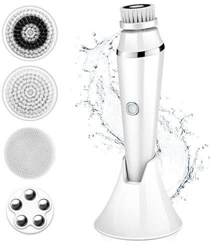 4 in 1 Facial Cleansing Brush - Electric Face Spin Brush with 4 Replacement Heads for Cleaning, Exfoliating, Massaging (White)