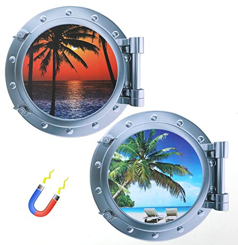 2pcs Cruise Door Magnets, Porthole Cruise Ship Door Decorations with Sea Beaches Palm Trees Beach Chairs Summer Style Scenery Cruise Magnets for Door, Fridge, Car, Carnival Cruise Ship Decor