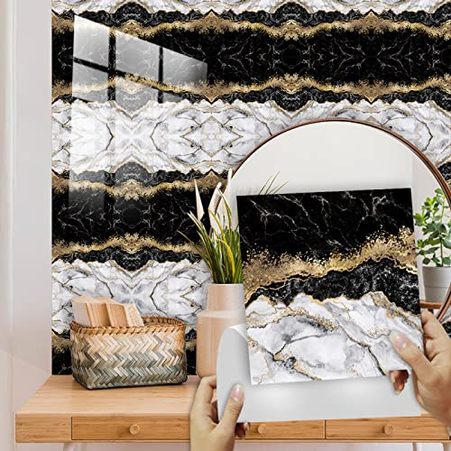 Fliesenaufkleber Grau Gold Schwarz Küchenrückwand Selbstklebend PVC Klebefliesen Hitzebeständig Mosaikfliesen Wasserdicht Fliesenaufkleber Bad Ölfest Spritzschutz Fliesenfolie 15x15cm/10 Pcs