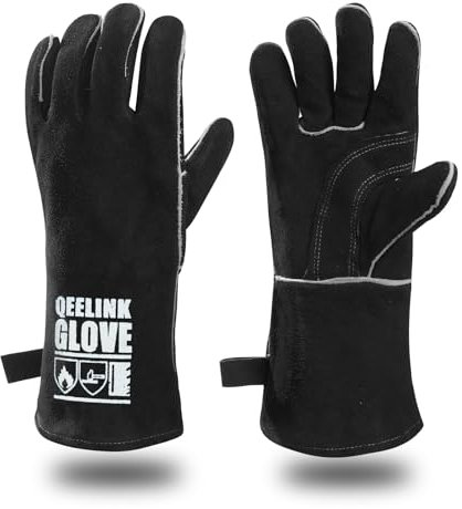 QeeLink Gants de soudage longs en cuir doublés résistants à la chaleur et à l'usure avec coutures ignifuges pour soudeurs/cheminée/barbecue/jardinage