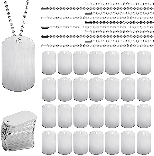 Elesunory 100-teiliges Militär-Erkennungsmarken-Set, 50 Stück Aluminium-Blanko-Erkennungsmarken und 50 Stück Eisen-Halsketten, Hundemarken mit Gravur für Haustiere, perfekt für Heimwerker, dekorative