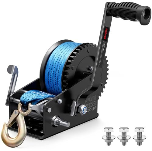 Kolvoii Boat Trailer Winch 3500lbs Heavy Duty Hook with 10m (33 Ft) Polyester Strap, Hand Winch Two Way Ratchet and Two Speed Switchable for Boat Jet Ski Trailer Marine