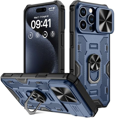 Doeshine für iPhone 15 Pro Max Hülle mit Ständer & Kameraschutz, Robuste Stoßfeste Schutzhülle mit 360 Grad Magnetisch Ring Stand, Military Shockproof Cover für iPhone 15 Pro Max 5G 2023 (Blau)