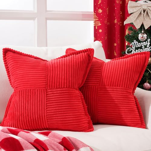 Topfinel Weihnachtskissenbezug 45x45 rot 2er Set Kordsamt Kissenbezüge Kissenhülle Zierkissenbezüge Deko für Sofakissen Dekokissen Weihnachten Geschenke Schlafzimmer Stuhl