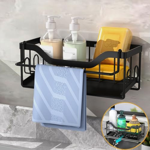 MainPi Porte Eponge evier Cuisine,Organisateur evier Cuisine Mural avec Bac de Vidange,Rangement evier Cuisine avec Porte-Serviettes,Support Eponge evier Cuisine avec Adhésif (Noir)