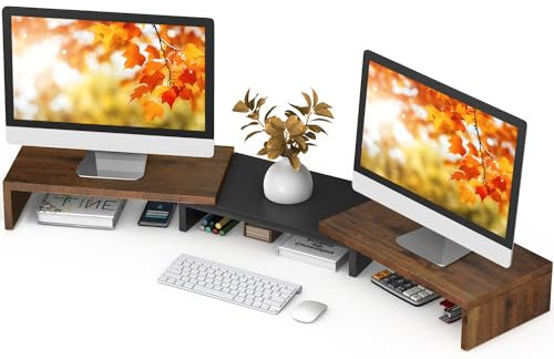 TAVR Dual-Monitor-Ständer, Computer-Monitorständer für 2 Monitore, extra lang, multifunktional, Desktop-Organizer, Erhöhung für Computer, Laptop, PC, Drucker, TV, max. 122,4 cm Länge, rustikales Braun