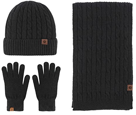 Damen Strickschal Mütze und Handschuhe Winter Set für Frauen Männer Warm Strickmütze Lange Schal 3 Stück Winter Warm Set für den täglichen Sport Geschenk, Schwarz , One size