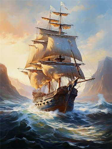MAFANG 5D-Diamant-Kunst-Set Für Erwachsene, Retro-Segelschiff, DIY, Rund, Vollbohrer, Diamant-Gemälde Mit Diamanten, Edelstein-Kunst Und Kunsthandwerk Für Wanddekoration 30x40cm