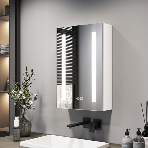 EMKE 400x600mm Illuminated Bathroom Mirror Cabinet with Shaver Socket, Single Door Bathroom Mirror Storage Cabinet with Light, Anti-Fog, Dimmable & 3 Colors, Adjustable Shelf & Memory Function, White