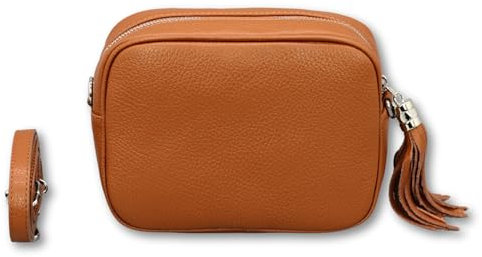 BRISE Umhängetasche Damen Echtleder KIRA Silber Handgemachte Crossbody Bag Schultertasche mit Ledergurt Gürteltasche Made in Italy (Cognac Braun-1)