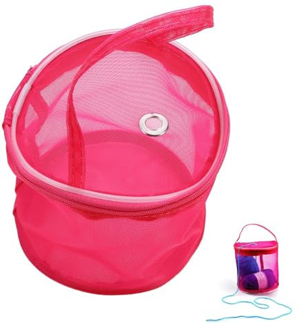 Wool Holder,Wool Holders When Knitting,Round Knitting Yarn Storage Basket Craft Tote Bag,Yarn Holder,Knitting Yarn Organizer,DIY Handmade Mesh Weaving Tools Storage Bag (Rose Red)