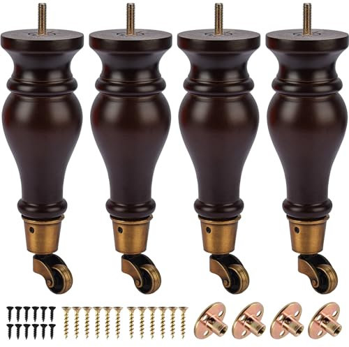 Btowin VCF 22cm Holz Möbelfüße mit Lenkrollen, 4er Set Massivholz Spindel Tischbeine Möbelbeine mit Rollen & vorgebohrten M8 Bolzen & Montageplatten für Schrank Sofa Ottomane Liegestuhl Sessel