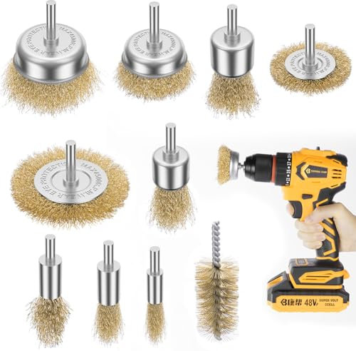 Flintronic Wire Brush Set - 10pcs, Brass Coated, 1/4-Inch Shank, Wheel, Cup and Tube Brush Kit for Rust Removal, Polishing, Paint Removal and Wood Cleaning