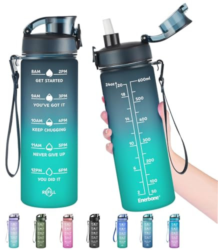 Enerbone 24 oz Water Bottle, Leakproof BPA & Toxic Free, Motivational Water Bottle with Times to Drink and Straw, Fitness Sports Water Bottle with Strap for Office, Gym, Outdoor Sports
