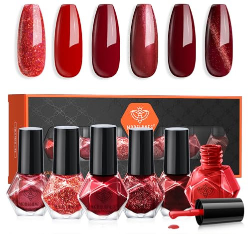MODELONES Nagellack 6 PCS, Schnelltrocknend Rot Glitzer 6 Farben, Ungiftig Auf Wasserbasis, Langanhaltend für DIY Salon Geschenk für Frauen Mädchen Maniküre