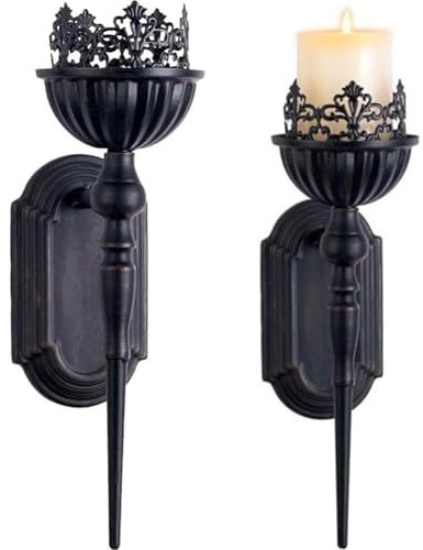 Tsffae 2pcs Wall-mounted Candle Holder Black Iron Candle Cup Hanging Candle Sconce Stand Pillar Candlestick Holder for Home Hotel