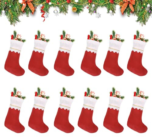 CHEERYMAGIC Christmas Stockings, 12 Pcs White Red Felt Christmas Stocking for Christmas Tree Ornament Xmas Fireplace Hanging Stockings Gift Holding Set for Holiday Party Xmas Decorations A7JBHW