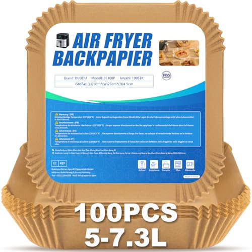 HUDDU 100PCS 4,5L-8L Backpapier für Heißluftfritteuse,20CM XXL Quadrat Airfryer Backpapier,Einwegschalen Luftfritteuse Pergamentpapier Liner Ideal für COSORI Cecotec Russell Hobbs Airfryer