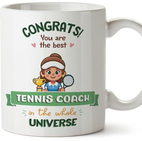 MUGFFINS Tennis Coach Woman Mug - in English - Best in Universe Trophy - Funny Gift for Colleagues - Ceramic 11oz Mug