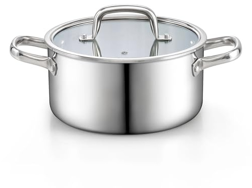 Cook N Home Stainless Steel Stockpot with Lid 4 Quart, Tri-Ply Clad Soup Pot, Induction Cooking pot, Silver