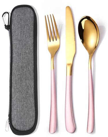 MURRI&MURRDI Stainless Steel Cutlery Set for 1, Reusable Flatware Set with Case, Cutlery Set for Work Stainless Steel Knife Fork Spoon Set 3 Piece (3 Pink Gold)