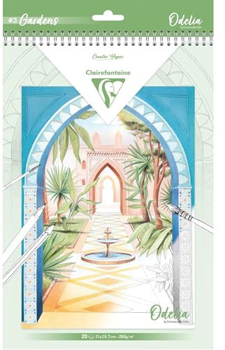 Clairefontaine 95743C Bloc de Coloriage Pour Adulte Créativité Détente Zen Décors de Jardins - Multitechniques Crayons, Feutres, Aquarelle, Peinture 20 Feuilles Format A4 250G - ODELIA Les Jardins