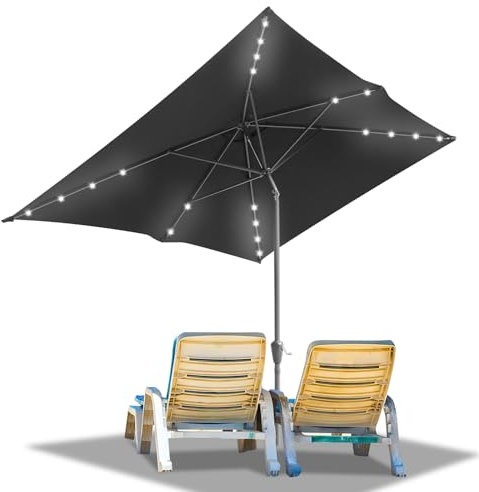Ollewiellan Sonnenschirm LED Solar 300 x 200 cm Grau mit Kurbel | Sonnenschirm Rechteckig Ampelschirm Gartenschirm Terrassenschirm Sonnenschutz UV50+, Knickbar wasserdicht für Garten, ohne Ständer