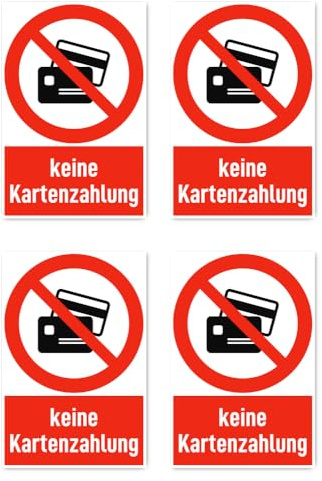 Aufkleber: 150x100 mm, 4 Stück - Keine Kartenzahlung - Verbotszeichen mit Text (deutsch) (rot/weiß) - hochkant - DIN EN ISO 7010 / ASR A1.3