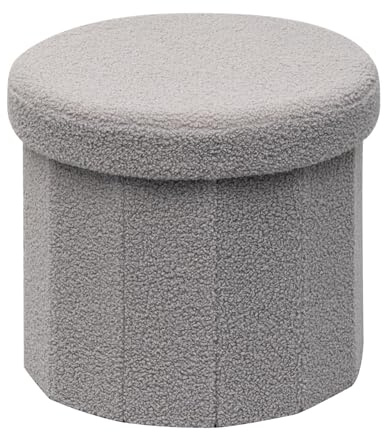 PINPLUS Faltbarer Hocker mit Stauraum, Bouclé, Rund, 38x38x33.5 cm, Grau | Dekorativer Sitzhocker, Aufbewahrungsbox mit Deckel, Fußablage, platzsparend, für Schminktisch, Schlafzimmer, Wohnzimmer