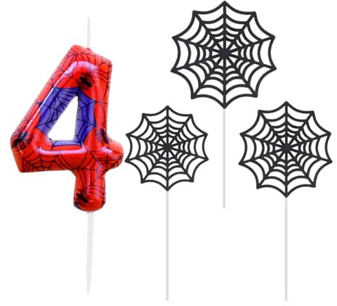 Velas de araña con números de cumpleaños, Azul Rojo Vela de Cumpleaños de Tela de Araña, Decoracion de Cumpleaños Hombre Araña para Niños Niñas Pastel de Cumpleaños Suministros Para Fiestas（4）