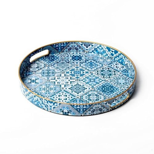 Heaven4you Round or Rectangular Mediterranean Tile Serving, Dining Trays – Large Decorative Tray with Glossy Finish and Gold Rim for Coffee Table, Kitchen or Dining Use (Round)