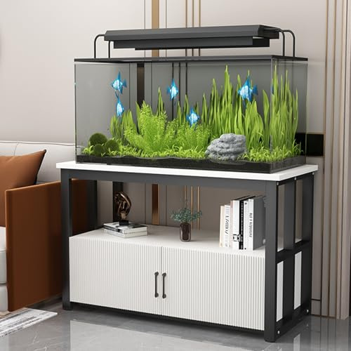 FORRTY Aquarium Mit Unterschrank, Fish Tank Rack Aquarienständer 2-stöckig, 40–120 Cm Lang, Platzsparend, Hohe Tragkraft, Mit Türen Und Ablagen, Ideal Für Wohnzimmer Und Restaurants(Black+white,100X40