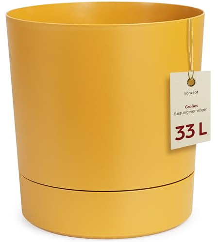 KONZEPT Blumentopf mit Untersetzer 38 cm, großer Übertopf, 33 L, Gelb | Aus Recyclingkunststoff, für Zimmerpflanzen, modern, wetterfest & UV-beständig, für Innen & Außen, Balkon & Terrasse