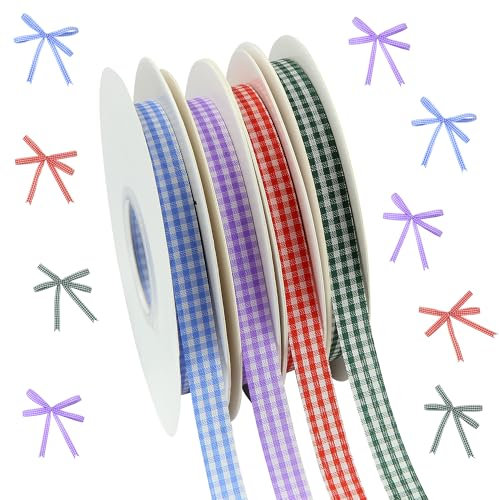 Lot de 4 rouleaux de ruban vichy à carreaux de 181,4 m de long en tissu polyester fin assorti (rouge/bleu/vert/violet), pour emballage cadeau, couture, bricolage, Pâques – 4 couleurs