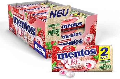 Mentos Kaugummi Pure Fresh Erdbeere, zuckerfreie Chewing Gum Dragees mit Erdbeer-Geschmack und flüssiger Füllung, 12 x 2 Rollen