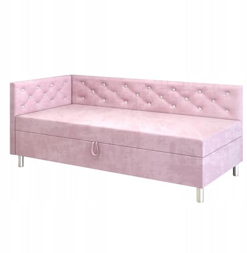 TAPCZANY24 - Boxspringbett Princess+, Bett mit Matratze 125 cm Breite | Polsterbett mit Bettkasten, Taschenfederkernmatratze, Einzel Bed mit Veloursbezug, Komfortabel Bette - Puderrosa Velour