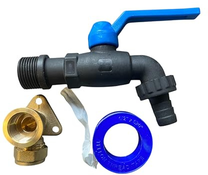 Black PVC Garden Tap Kit with Easy Turn Lever Handle, Brass 15mm Copper Pipe Backplate & PTFE Tape, Single Outlet Outdoor Water Tap for Hose Connection