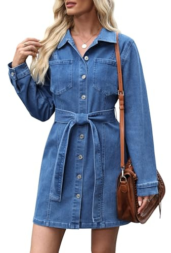 Fengbay Denim Dresses for Women Short Sleeve Button Down Jean Shirt Dress | Drawstring Waist,Suitable For Summer Dates, Holiday Trips & Daily Wear, Lightweight Stretch Cotton Denim