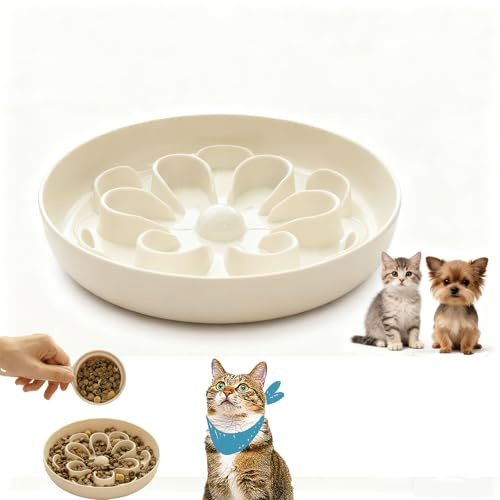 CHmiss Gamelle Anti Glouton Chat en Mélamine,Bol Chat pour Alimentation Lente,Gamelles à Alimentation Lente,Motif Labyrinthe Floral - Blanc