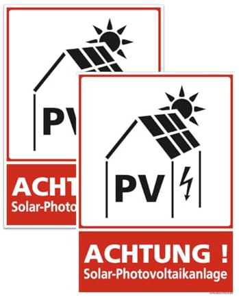 Signalétique.biz France - Set mit 2 - Achtung Solar-Photovoltaikanlage Schild aus PVC – Warnschild PV Anlage | Schwarz/Weiß/Rot Piktogramm | 210x300 mm