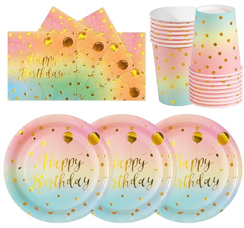 hailstones Or Arc-en-ciel 72 Pièces Vaisselle en Papier pour Anniversaire Enfants : Assiettes, Gobelets, Serviettes - 24 Invités