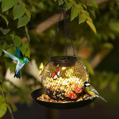 Solarlampen für Außen Vogelhaus Solar Vogelfutterstation mit Gartenlaterne Metall Solarlaterne Futterhaus für Vögel wasserdichte Solarlaterne für Außen Garten Vogelfutterstation für Hof Terrasse (B)