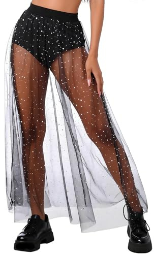 Damen 2 in 1 Transparent Mesh Rock,Damen Transparent Mesh Rock,Schwarz Pailletten Tüllrock Mit Shorts Glitzer High Waist Maxirock,2 in 1 Glitzer Maxi Röcke,für Party Musikfestivals Karneval