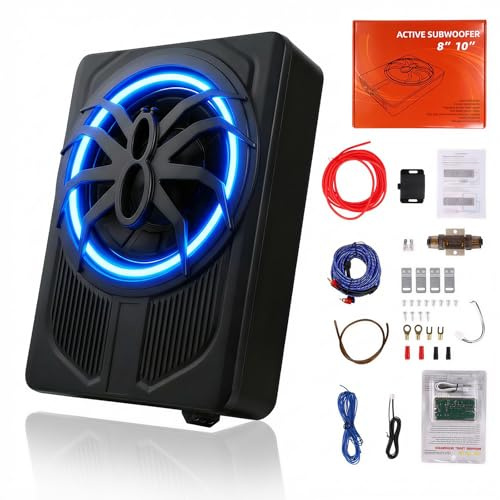 OiLiehu Slim Under Seat Car Subwoofer, 10 1000W Subwoofer Stereo Surround Sound, Built-in Audio Amplifier, with Blue LED Ambient Light, Low and High-Level Inputs, Car Audio Speaker for Any Vehicle