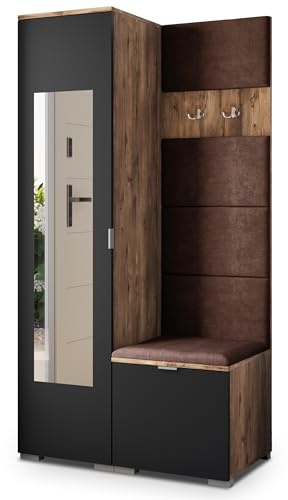 Masseno Flugarderoben Set VIRA, Kleiderschrank-Set mit Spiegel und Sitzbank, Garderobenschrank Flur mit 3 Regalböden, Eiche Lefkas/Schwarz