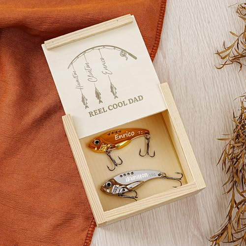 Personalisierter Angelköder Geschenkset, Custom Gravierter Metall VIB Köder mit Holzbox, Reel Cool Dad Geschenk, Personalisierbares Angelzubehör für Männer, Geburtstagsgeschenk Vater